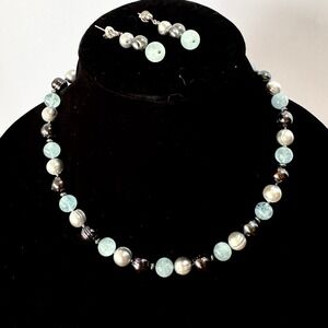 Aquamarine-Style Bead & Pearl Necklace Set – Mixed Beads Gray Pearl Earrings